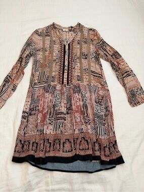 Women's Long Sleeve Patchwork Print Tunic Dress - Pink Multi